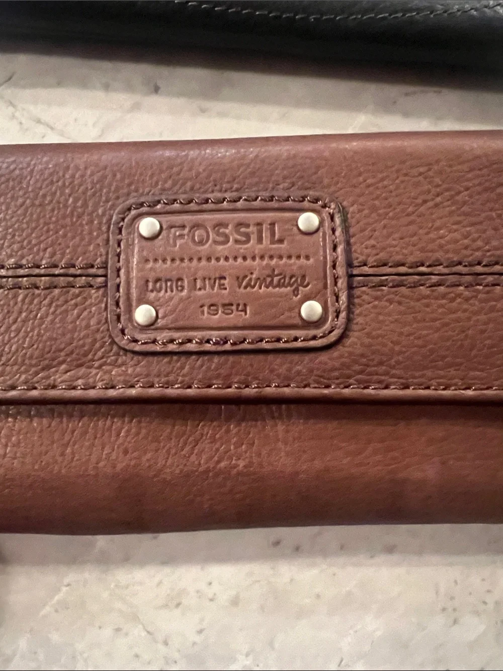Fossil RFID snap Clutch Brown wallet flat blue leather